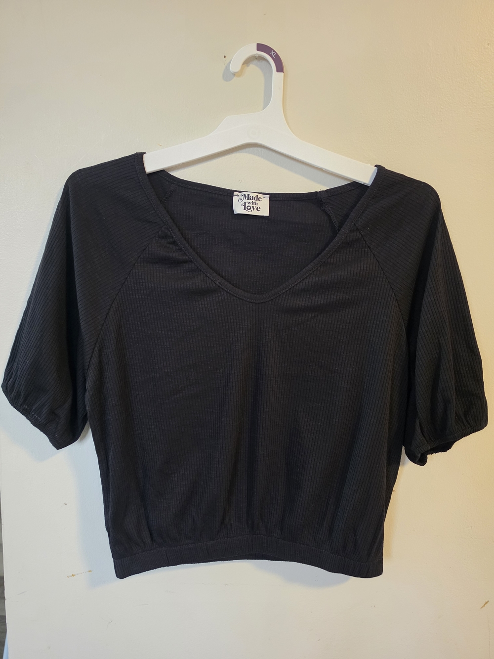 Boutique Black Ribbed V-Neck Short Sleeve Top / Made with Love